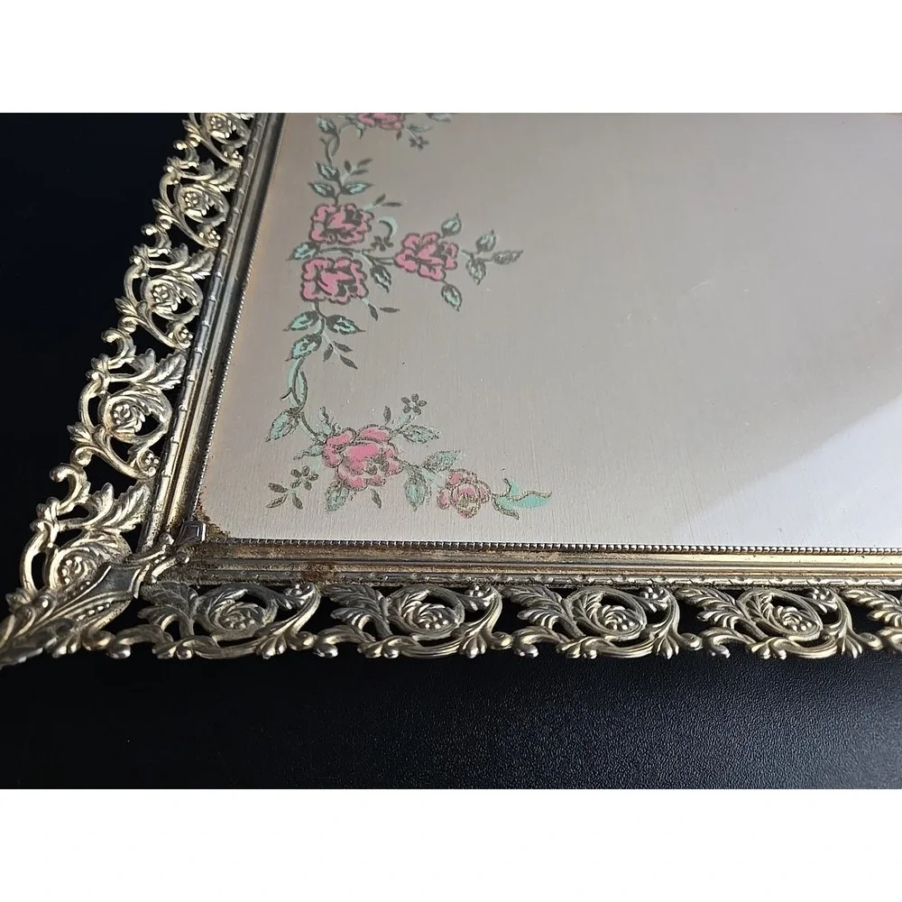 VTG Hollywood Regency Gold Tone Glass Rectangle Vanity Tray Filigree 14.5 x 9.5